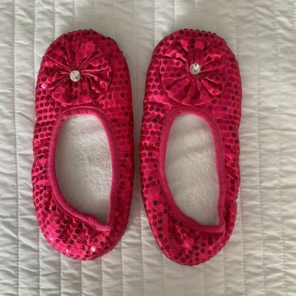 Ballet Slippers Pink Sequin Flower Clear Rhinestone Fur Lined Women's - Picture 2 of 12